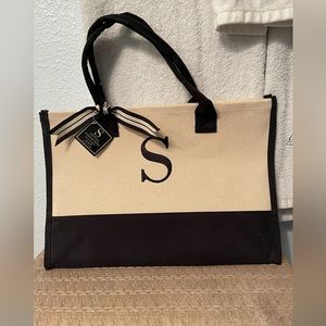 Black and cream initials canvas large tote with bow